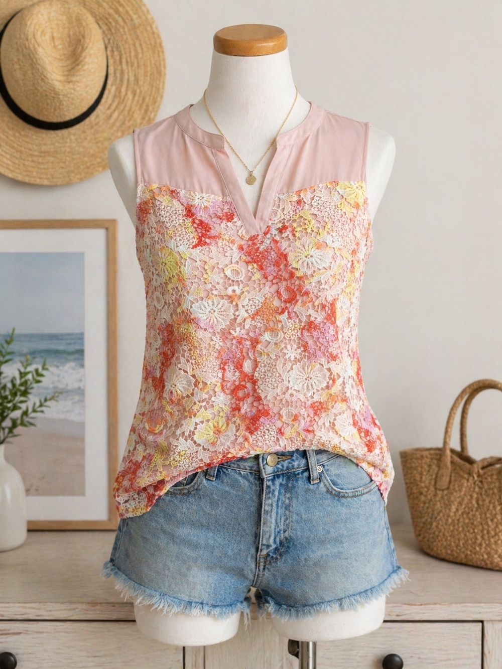 Investments Pink Crochet Lace Sleeveless Blouse Medium